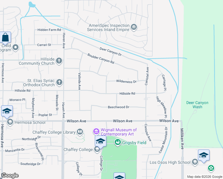 map of restaurants, bars, coffee shops, grocery stores, and more near 10818 Hillside Road in Rancho Cucamonga