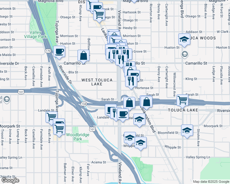 map of restaurants, bars, coffee shops, grocery stores, and more near 11006 Kling Street in Los Angeles