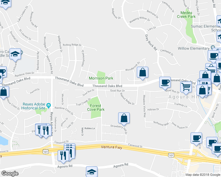 map of restaurants, bars, coffee shops, grocery stores, and more near 29749 Quail Run Drive in Agoura Hills