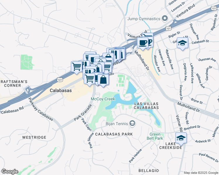 map of restaurants, bars, coffee shops, grocery stores, and more near 23400 Park Sorrento in Calabasas