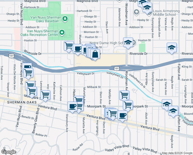 map of restaurants, bars, coffee shops, grocery stores, and more near 4544 Colbath Avenue in Los Angeles