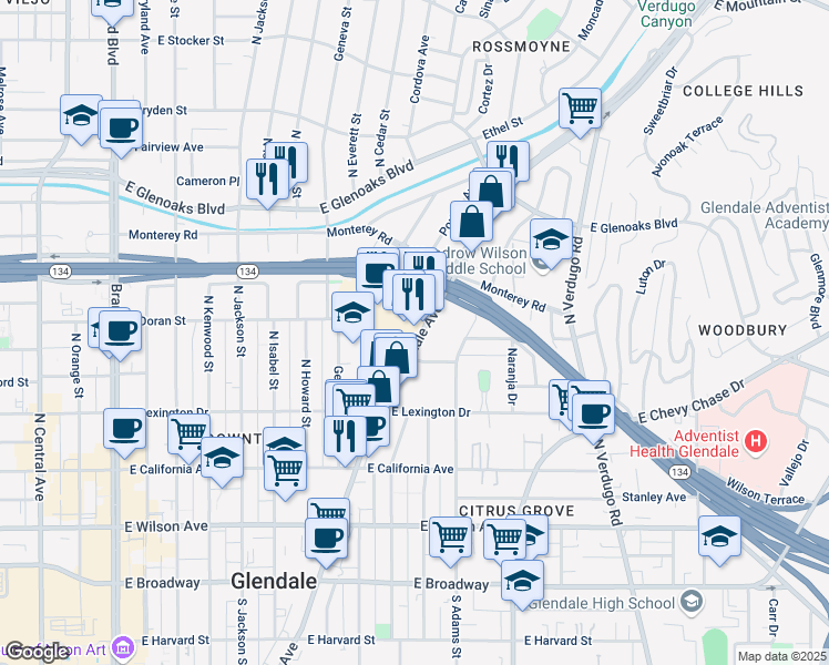 map of restaurants, bars, coffee shops, grocery stores, and more near 531 North Glendale Avenue in Glendale