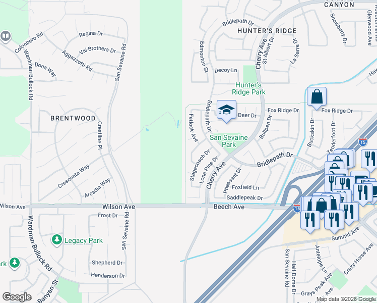 map of restaurants, bars, coffee shops, grocery stores, and more near 5498 Withers Avenue in Fontana