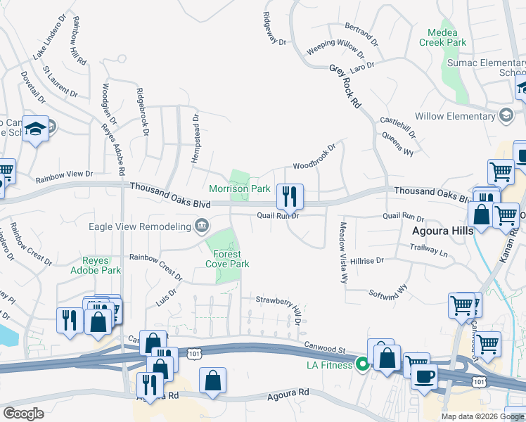 map of restaurants, bars, coffee shops, grocery stores, and more near 29749 Quail Run Drive in Agoura Hills