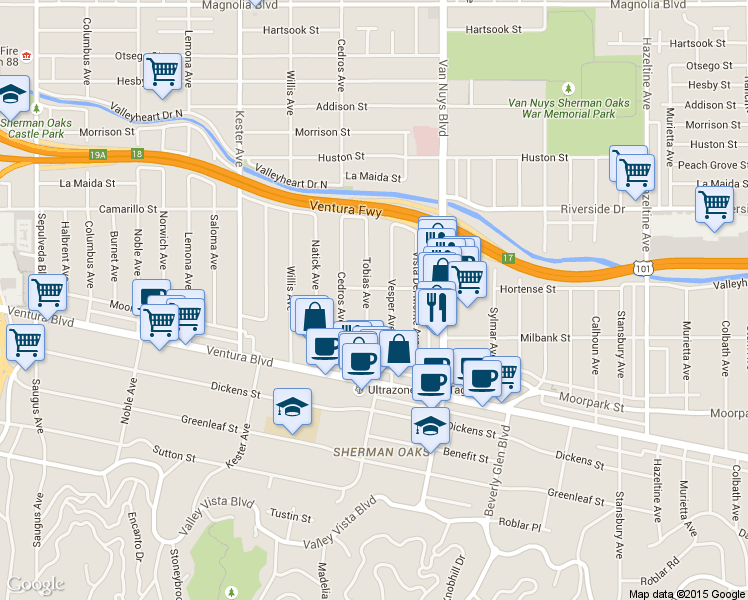 map of restaurants, bars, coffee shops, grocery stores, and more near 4544 Tobias Avenue in Los Angeles