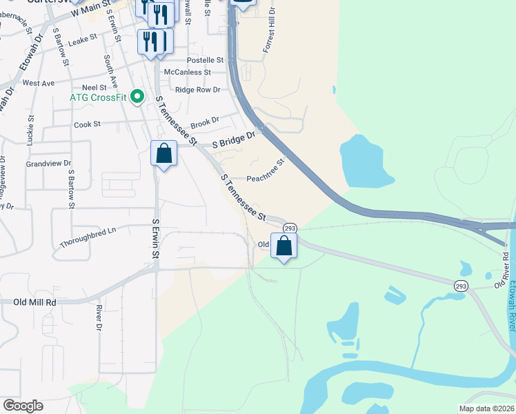 map of restaurants, bars, coffee shops, grocery stores, and more near 626 South Tennessee Street in Cartersville