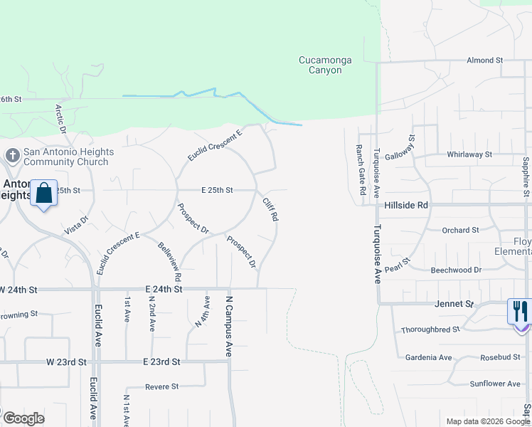 map of restaurants, bars, coffee shops, grocery stores, and more near 2479 Cliff Road in Upland