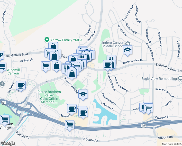 map of restaurants, bars, coffee shops, grocery stores, and more near 30805 Genova Court in Westlake Village