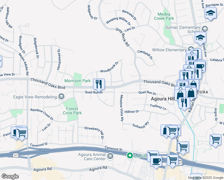 map of restaurants, bars, coffee shops, grocery stores, and more near 29534 Meadowmist Way in Agoura Hills
