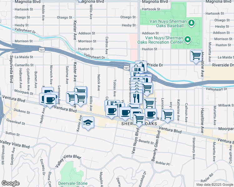 map of restaurants, bars, coffee shops, grocery stores, and more near 4544 Tobias Avenue in Los Angeles