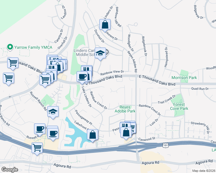 map of restaurants, bars, coffee shops, grocery stores, and more near 30448 Caspian Court in Agoura Hills