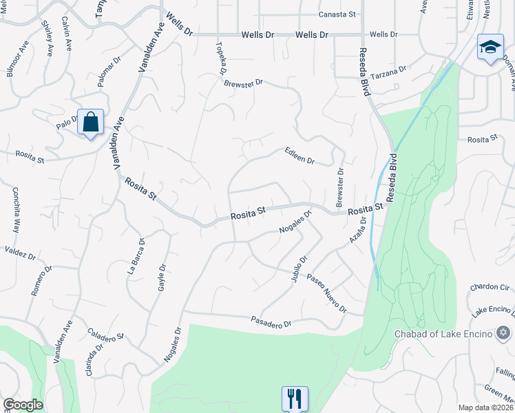 map of restaurants, bars, coffee shops, grocery stores, and more near 18881 Rosita Street in Los Angeles