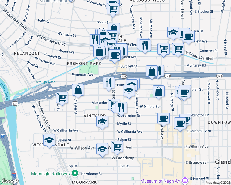 map of restaurants, bars, coffee shops, grocery stores, and more near 600 North Pacific Avenue in Glendale