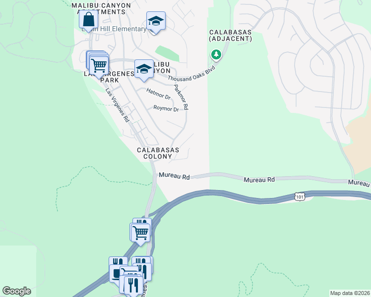 map of restaurants, bars, coffee shops, grocery stores, and more near 26011 Redbluff Drive in Calabasas