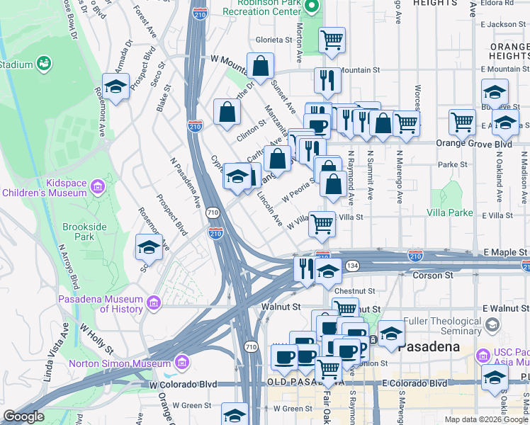 map of restaurants, bars, coffee shops, grocery stores, and more near 600 Lincoln Avenue in Pasadena