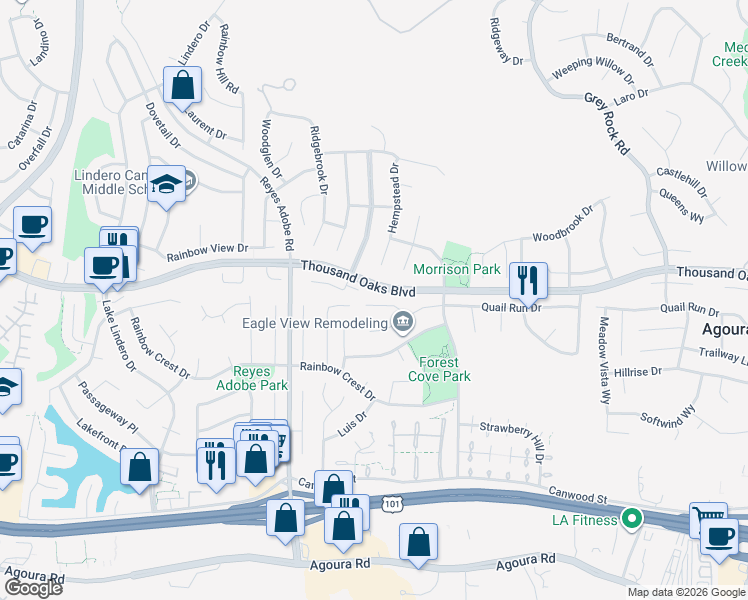 map of restaurants, bars, coffee shops, grocery stores, and more near 30045 Torrepines Place in Agoura Hills