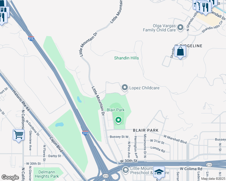 map of restaurants, bars, coffee shops, grocery stores, and more near 1440 West Edgehill Road in San Bernardino
