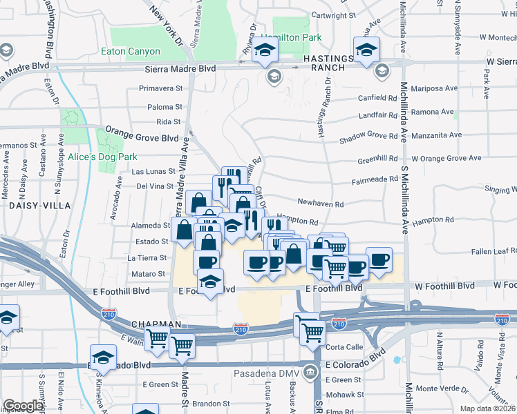 map of restaurants, bars, coffee shops, grocery stores, and more near 500 Cliff Drive in Pasadena