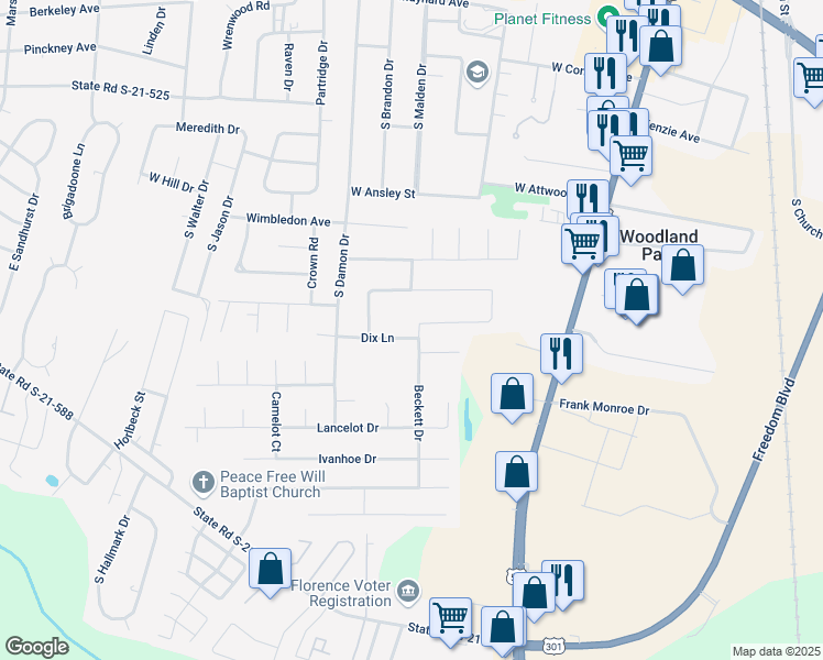 map of restaurants, bars, coffee shops, grocery stores, and more near 632 Middleberg Way in Florence