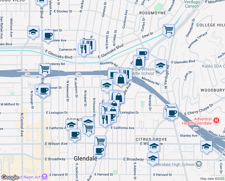 map of restaurants, bars, coffee shops, grocery stores, and more near 2 East Doran Street in Glendale