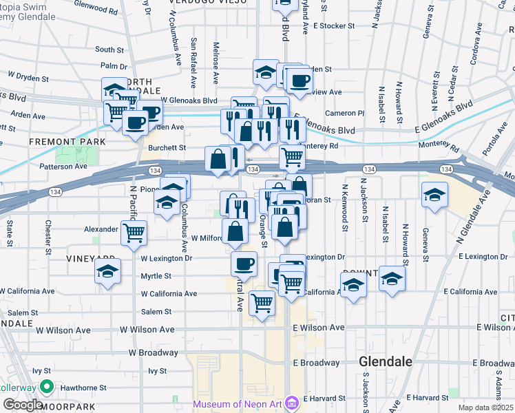 map of restaurants, bars, coffee shops, grocery stores, and more near 540 North Central Avenue in Glendale
