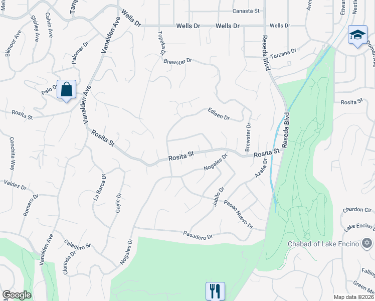 map of restaurants, bars, coffee shops, grocery stores, and more near 18881 Rosita Street in Los Angeles