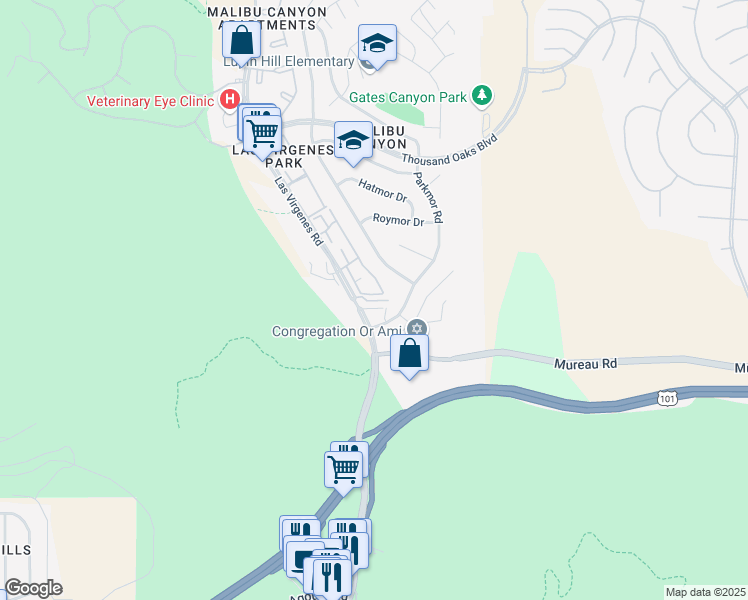 map of restaurants, bars, coffee shops, grocery stores, and more near 5340 Las Virgenes Road in Calabasas