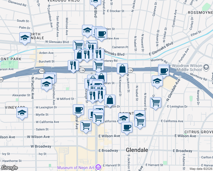 map of restaurants, bars, coffee shops, grocery stores, and more near 115-199 East Doran Street in Glendale