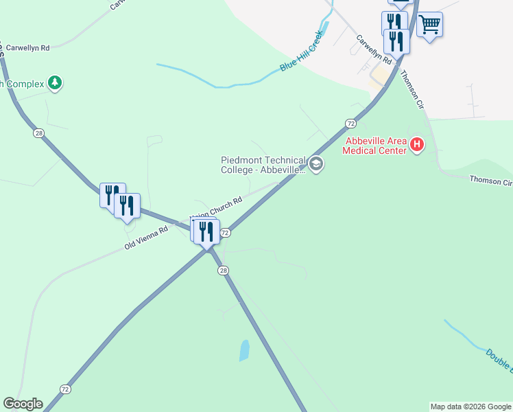 map of restaurants, bars, coffee shops, grocery stores, and more near 252 South Carolina 72 in Abbeville