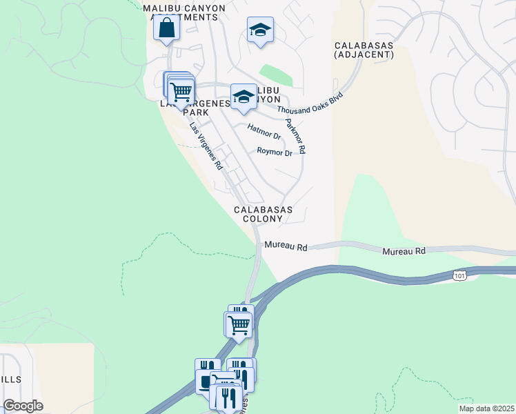 map of restaurants, bars, coffee shops, grocery stores, and more near 5340 Las Virgenes Road in Calabasas