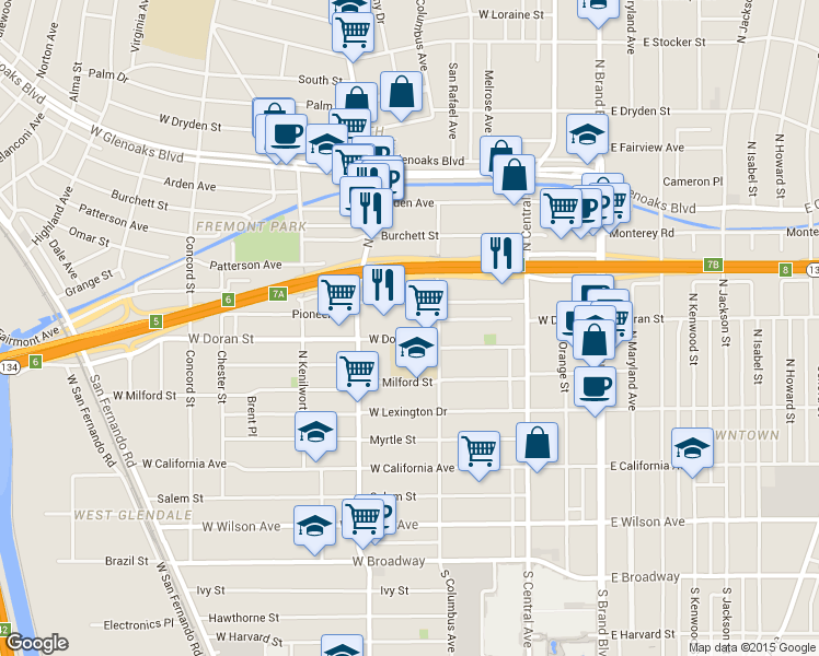 map of restaurants, bars, coffee shops, grocery stores, and more near 423 West Doran Street in Glendale
