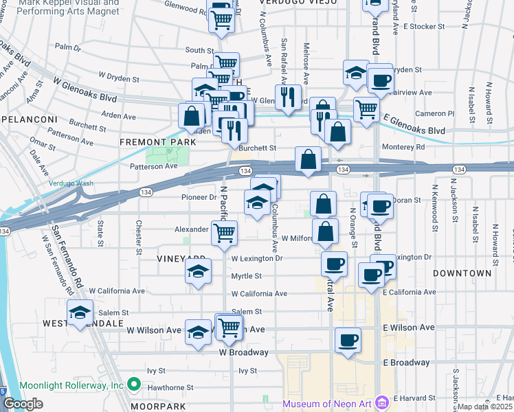 map of restaurants, bars, coffee shops, grocery stores, and more near 423 West Doran Street in Glendale