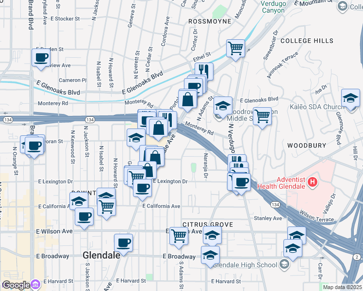 map of restaurants, bars, coffee shops, grocery stores, and more near 604 North Glendale Avenue in Glendale