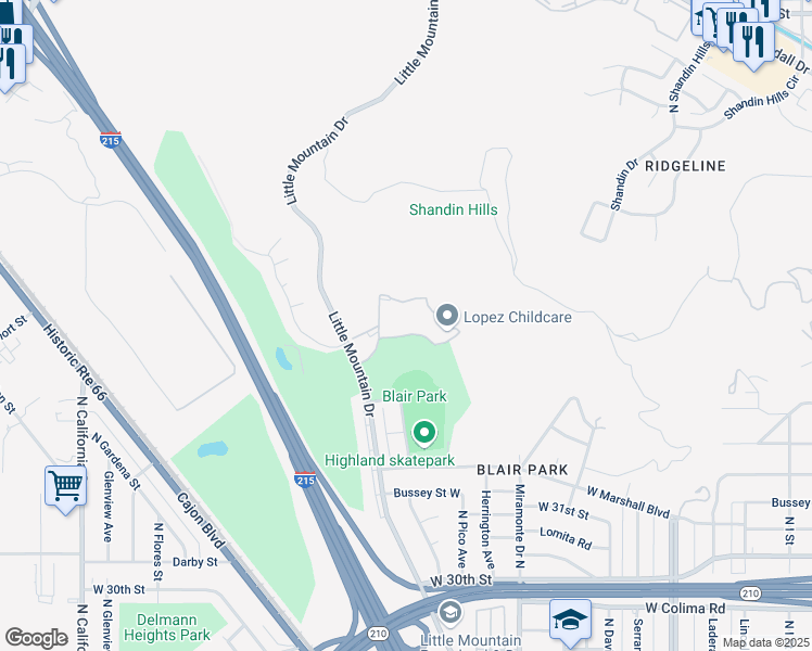 map of restaurants, bars, coffee shops, grocery stores, and more near 1440 West Edgehill Road in San Bernardino