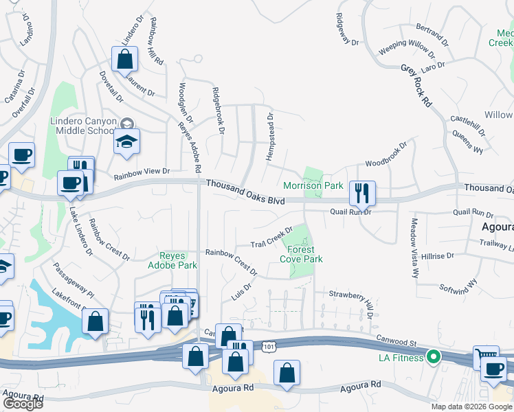 map of restaurants, bars, coffee shops, grocery stores, and more near 30045 Torrepines Place in Agoura Hills