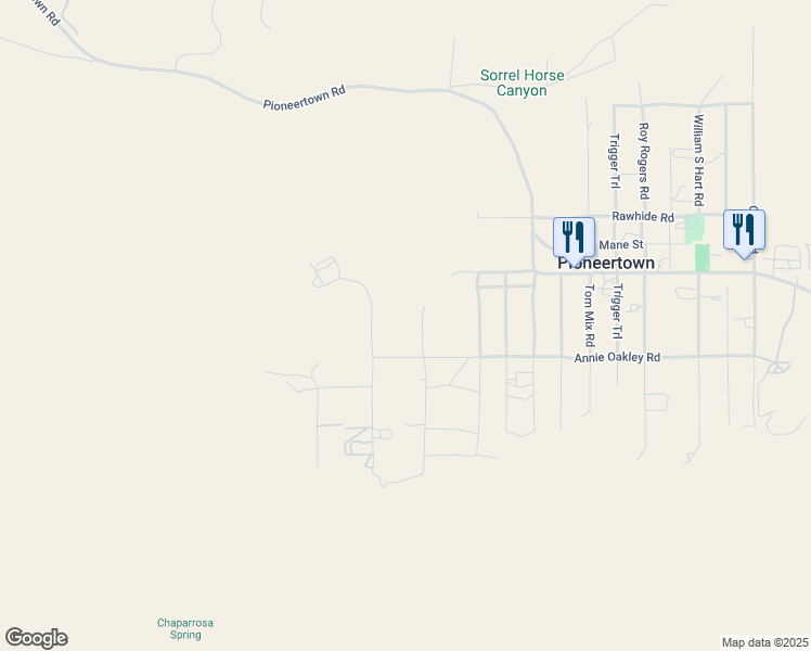 map of restaurants, bars, coffee shops, grocery stores, and more near Red Ryder Road in Pioneertown