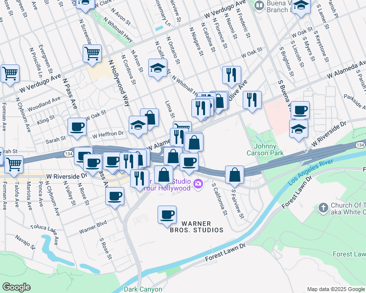 map of restaurants, bars, coffee shops, grocery stores, and more near 3401 West Olive Avenue in Burbank