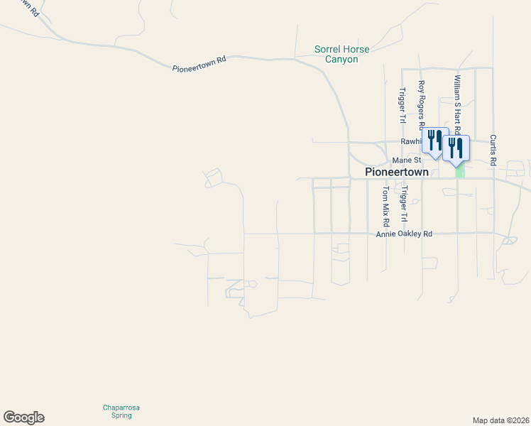 map of restaurants, bars, coffee shops, grocery stores, and more near 5388 Red Ryder Road in Pioneertown