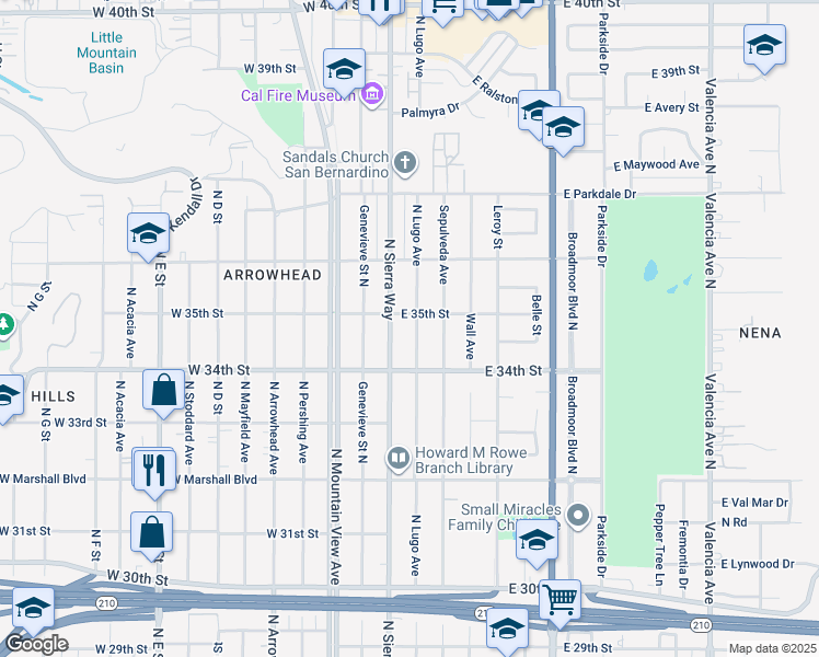 map of restaurants, bars, coffee shops, grocery stores, and more near 3476 North Lugo Avenue in San Bernardino