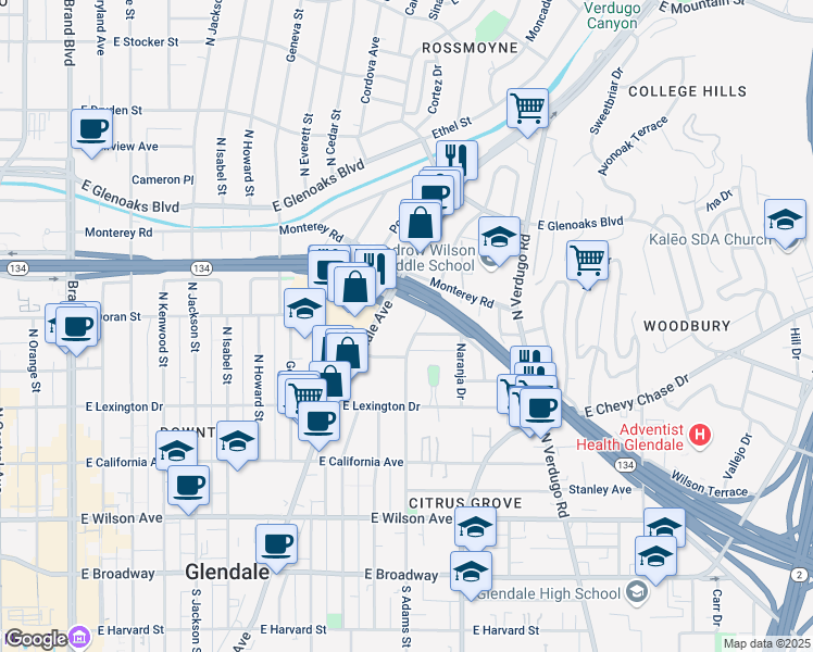 map of restaurants, bars, coffee shops, grocery stores, and more near 537 North Adams Street in Glendale