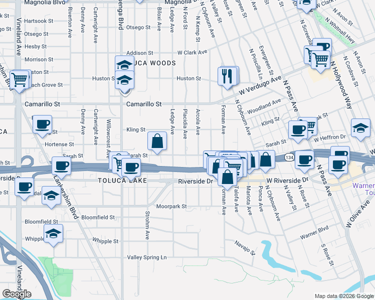 map of restaurants, bars, coffee shops, grocery stores, and more near 4638 Placidia Avenue in Los Angeles