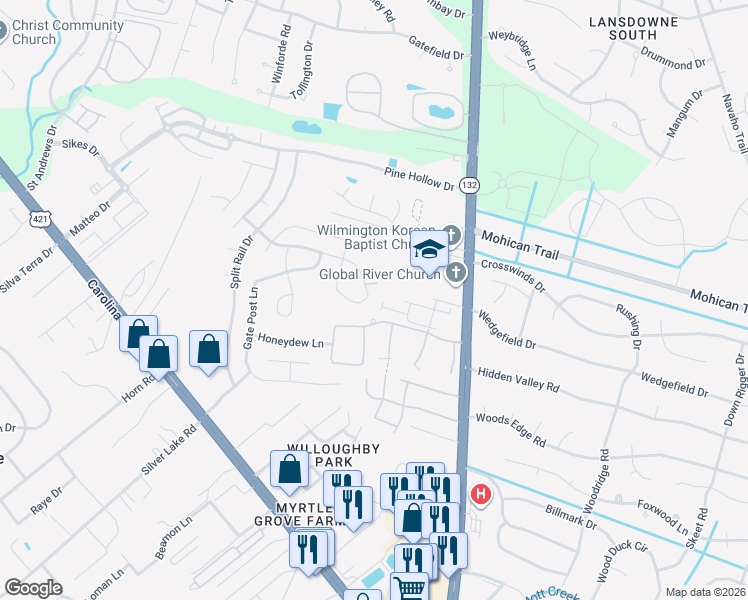 map of restaurants, bars, coffee shops, grocery stores, and more near 4616 South College Road in Wilmington