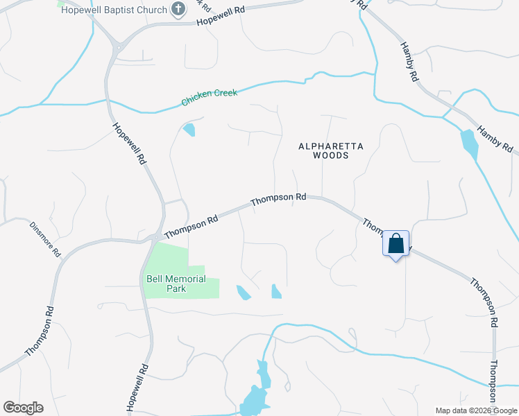 map of restaurants, bars, coffee shops, grocery stores, and more near 15540 South Thompson Road in Alpharetta