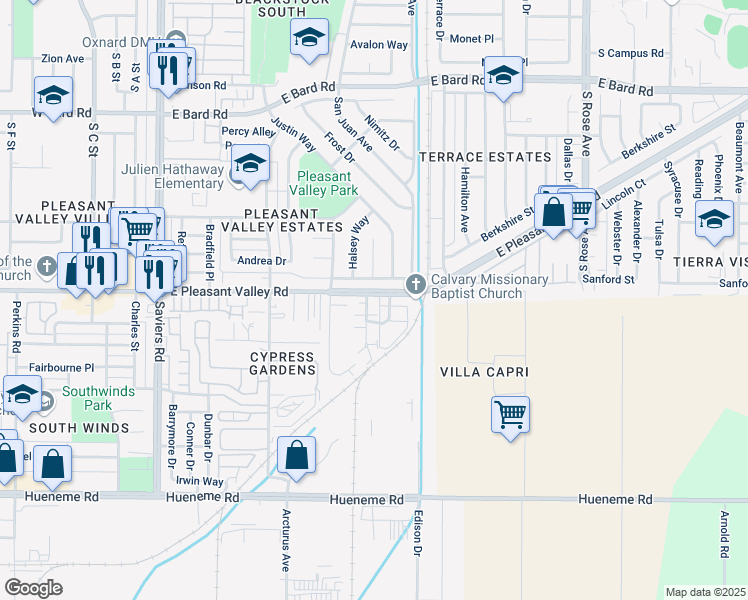 map of restaurants, bars, coffee shops, grocery stores, and more near 850 Berkshire Place in Oxnard