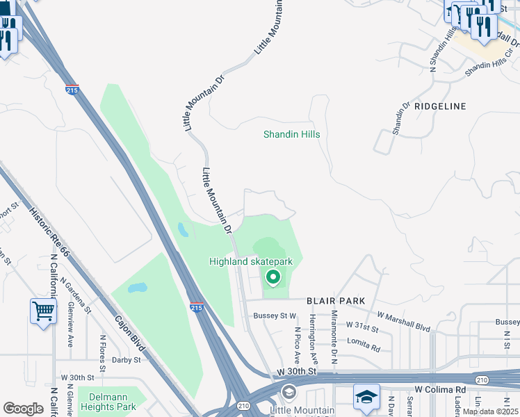 map of restaurants, bars, coffee shops, grocery stores, and more near 1440 West Edgehill Road in San Bernardino