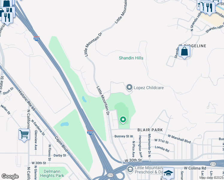map of restaurants, bars, coffee shops, grocery stores, and more near 1480 West Edgehill Road in San Bernardino