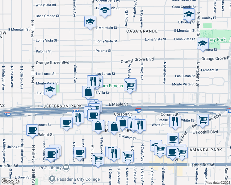 map of restaurants, bars, coffee shops, grocery stores, and more near 1964 Monte Vista Street in Pasadena