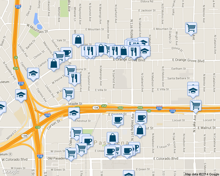 map of restaurants, bars, coffee shops, grocery stores, and more near 587 Garfield Avenue in Pasadena