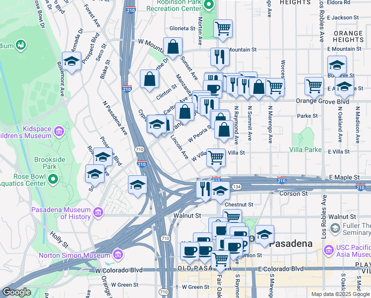 map of restaurants, bars, coffee shops, grocery stores, and more near 600 Lincoln Avenue in Pasadena