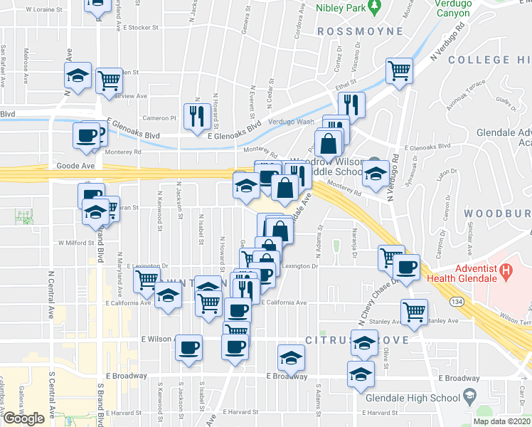 map of restaurants, bars, coffee shops, grocery stores, and more near 561 North Glendale Avenue in Glendale